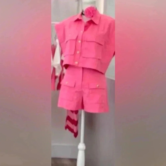 Quzu Pink Denim Mini Shorts/Crop Top set (US Small, Euro 36). - Picture 1 of 4